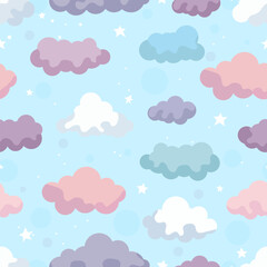 Seamless Pattern with Colorful Clouds, Stars, and Transparent Circles on Blue Sky Background