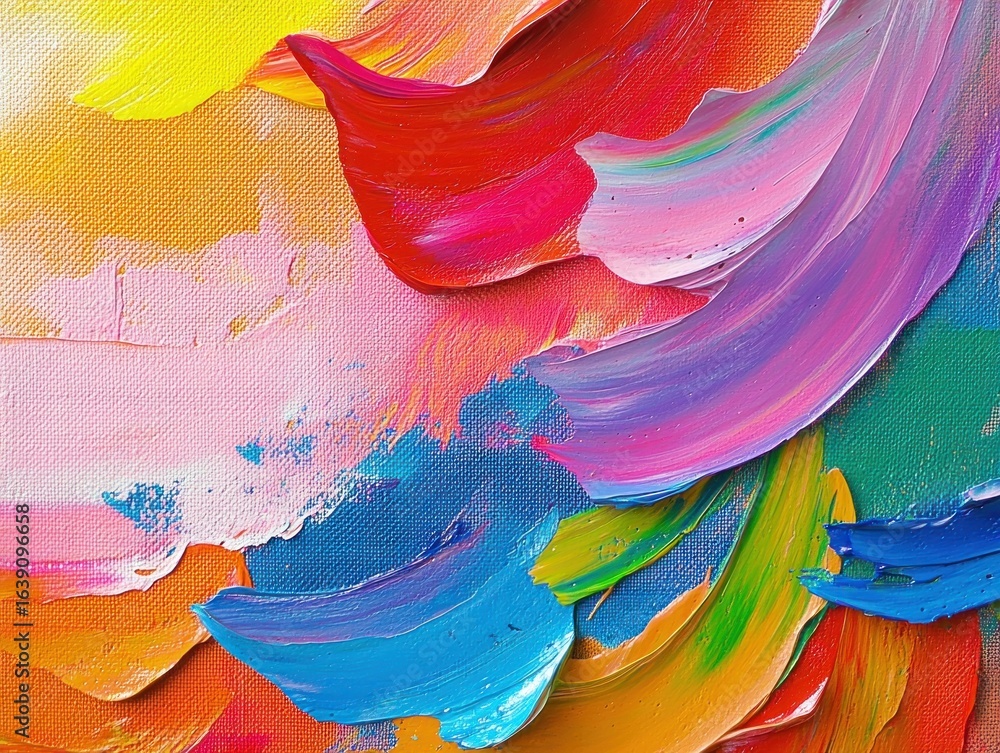 Poster close-up of vibrant and colorful thick paint strokes on a canvas showcasing dynamic texture and ener