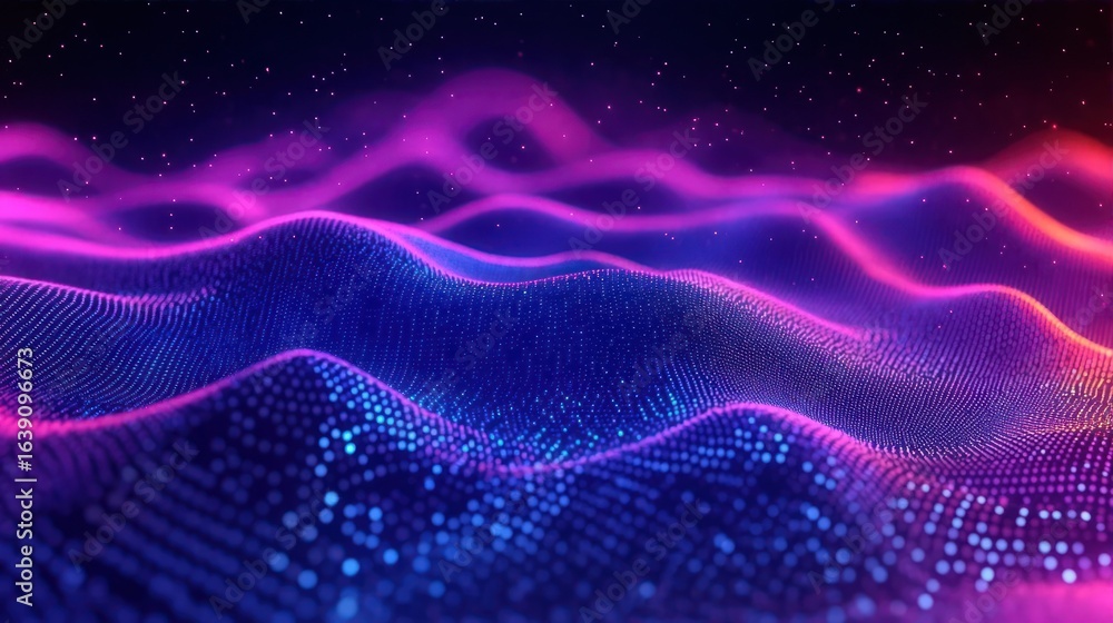 Poster abstract digital wave landscape made of glowing blue and pink dots forming smooth flowing curves und