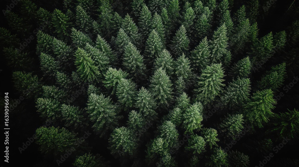 Poster aerial view of dense evergreen forest with lush green pine trees creating a pattern of nature and tr