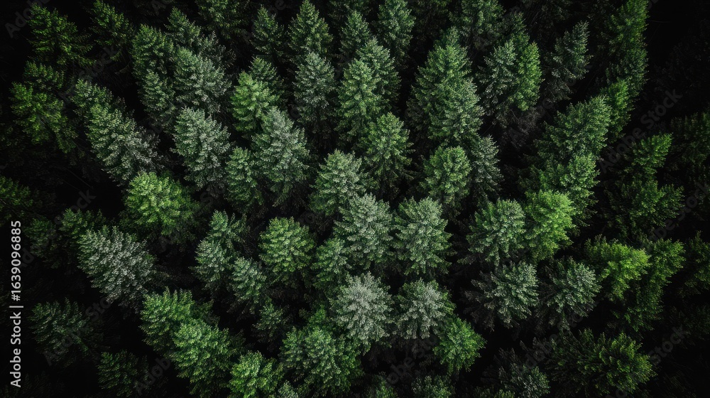 Poster aerial view of dense evergreen forest with lush green treetops creating a textured natural pattern