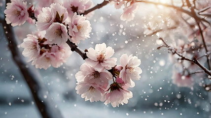 Delicate Pink Blossoms Falling Snow Winter Bloom