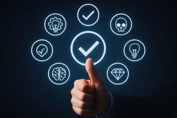 A hand giving a thumbs-up gesture over glowing icons.