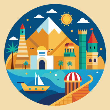 Vibrant Illustration: Iconic Landmarks & Egyptian Pyramid, Travel Poster Design