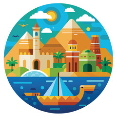 Fototapeta premium Egypt: Pyramids, Desert, Nile River - Vibrant Travel Illustration