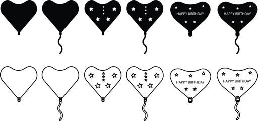 Birthday balloon vector icon set in color flat and line style celebration party decoration collection, heart and round balloon group, happy birthday symbol pack with stars