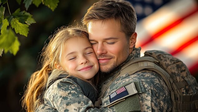 Smiling soldier hugging young girl outdoors with american flag in background showing love and warmth - Powered by Adobe