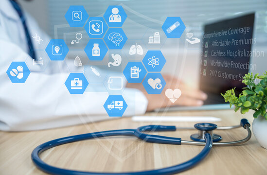 Doctor using digital healthcare icons interface. AI medical technology, health insurance concept, medical innovation, patient care, virtual diagnostics and global health protection