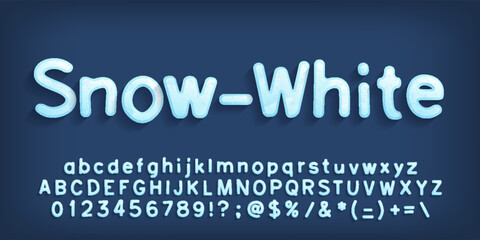 Snow-White alphabet font. Cartoon letters, numbers and different symbols. Uppercase and lowercase. Stock vector typeface for your typography design.