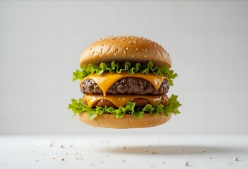 hamburger on white background.  Flying  cheese burger. Yummy fast food concept. Fresh homemade grilled burger with meat patty. Juicy burger. Making a Hamburger beef patty, cheese, veggie and bun