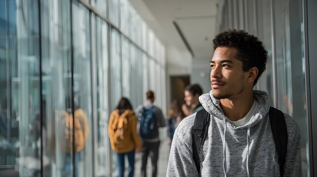 A young man in a gray hoodie with a backpack stands in a brightly lit hallway with large glass windows.