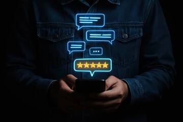 Person holding a smartphone with glowing review icons.