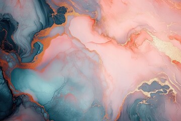 Abstract fluid art with flowing blue, pink, and peach hues accented by shimmering metallic gold veins creating a soft, dreamy atmosphere