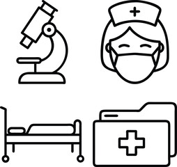 A collection of four simple line art icons depicting a microscope, a nurse, a hospital bed, and a medical file folder.