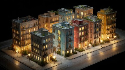 Miniature buildings in row at night