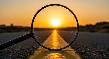 sunset on the road, Magnifying glass lies on asphalt road during sunset. Conceptual journey, discovery. Through glass, the road stretches into distance, offering a unique focused perspective on travel