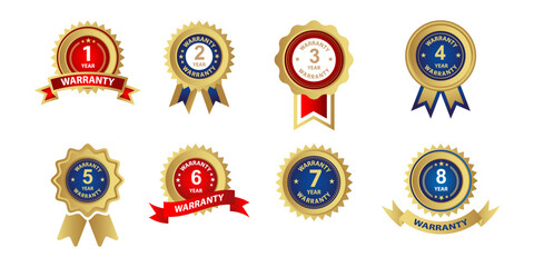 Gold vector award badges with ribbons, flags, and icons for success, winner, best sale, and achievement