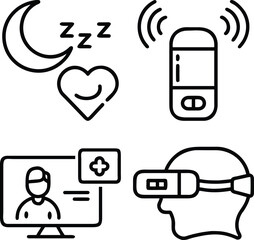 A collection of line art icons representing sleep, heart health, remote communication, and virtual reality for health and wellness applications.