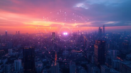 Futuristic cityscape at sunset with glowing digital circular interface overlay illuminating skyscrapers and urban landscape