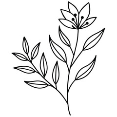 Simple black and white line art drawing of a delicate flower with leaves on a stem, botanical illustration.