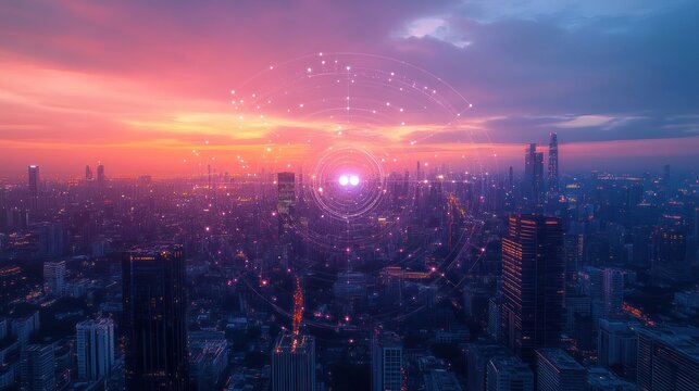 Futuristic cityscape at sunset with glowing digital circular interface overlay illuminating skyscrapers and urban landscape