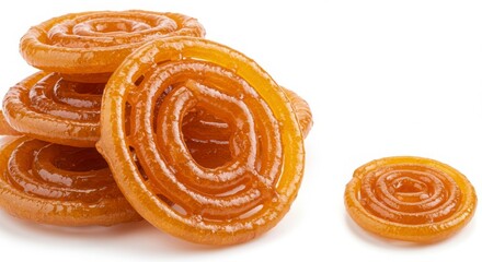 Fototapeta premium Isolated Indian jalebi spirals soaked in syrup on a white background for food photography or dessert display purposes