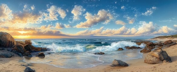 Serene beach scene at sunset with waves crashing on sandy shore, large rocks scattered along coastline, and fluffy clouds in a vibrant blue sky