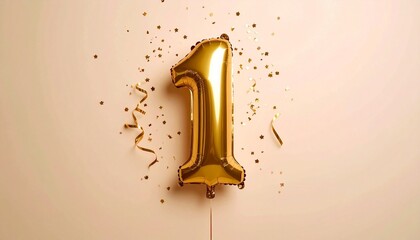 Gold balloon shaped like the number “1” surrounded by scattered gold confetti—set against a light background to highlight a first birthday or milestone celebration.
