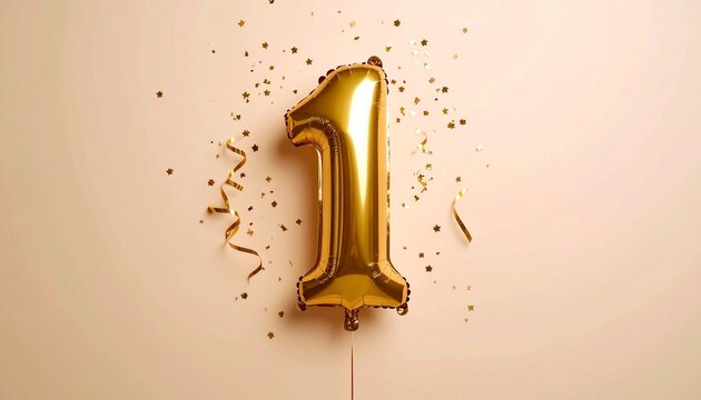 Gold balloon shaped like the number “1” surrounded by scattered gold confetti—set against a light background to highlight a first birthday or milestone celebration.