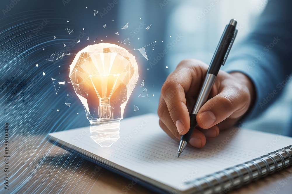 Poster person writing in notebook with glowing abstract light bulb symbolizing creativity and innovation on