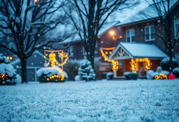 Large snowflakes gently falling on a snow-covered suburban lawn, Christmas lights twinkling faintly in the background, festive, snow