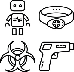 Four distinct icons representing a robot, a health tracker, a biohazard symbol, and a futuristic thermometer gun in a clean line art style.