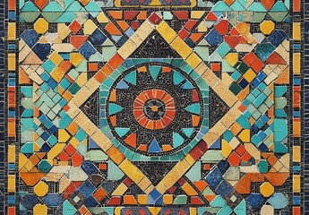 Intricate colorful geometric mosaic pattern with triangles, squares, and octagons creating a vibrant symmetrical design expressing complexity and artistic craftsmanship