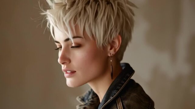 Platinum blonde model posing with eyes open and closed