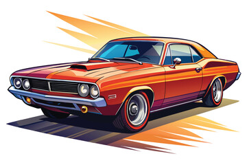 Obraz premium Vibrant orange classic muscle car illustration with exaggerated features and dynamic background design showcasing automotive nostalgia and style