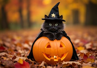 Adorable black cat wearing a witch hat and tiny cape, sitting on a carved pumpkin, autumn leaves background, photorealistic, soft warm lighting”