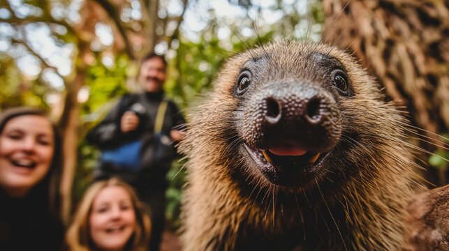 A joyful encounter captured in nature. This image features an adorable animal with happy humans in the background. A moment of pure delight. Generative AI