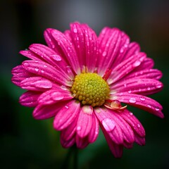 Obraz premium Macro shot of a vibrant pink chrysanthemum flower glistening with fresh morning dew drops on its delicate petals against a dark, blurred background
