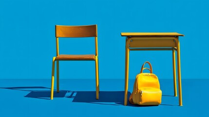 A vibrant yellow retro school desk wooden chair and small backpack arranged in a minimalist style.