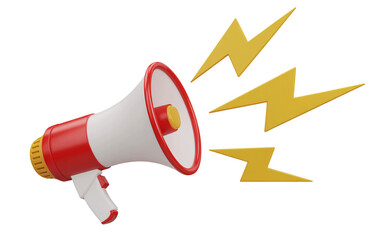 3D render of a red and white megaphone with yellow lightning bolts, designed to grab attention in a bold marketing announcement on transparent background