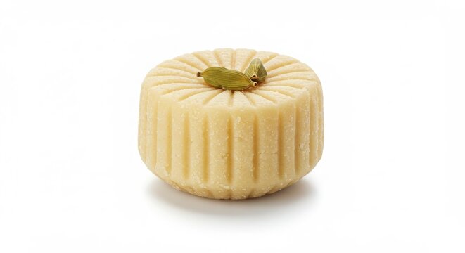 Indian peda topped with cardamom isolated on white background for dessert presentation and food photography