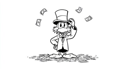 Cartoon duck in top hat stands amid money; bills float. Black and white line drawing