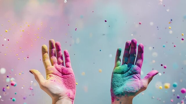 Two hands covered in vibrant Holi powder against a colorful background of celebration