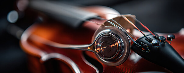 Close up of a violin showing intricate details of the tuning pegs and strings against a soft focus background