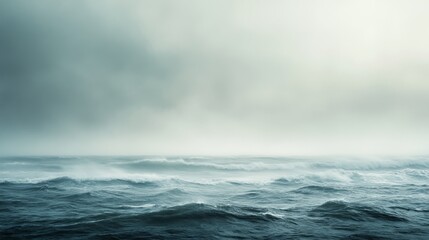 A vast, moody ocean landscape unfolds under a hazy sky. Waves crash gently, creating a serene and dramatic atmosphere. Perfect for tranquility and nature themes. Generative AI