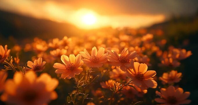 Vibrant orange flowers in a field bathed in the warm golden light of a setting sun, creating a serene and beautiful natural landscape.