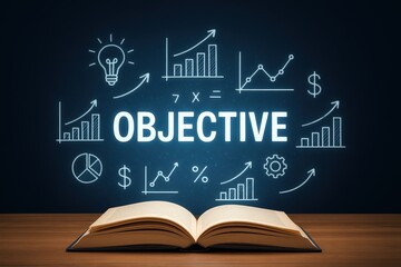 Fototapeta premium Open book with business graphics and the word objective on a dark background.