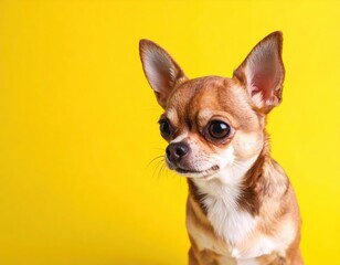 Obraz premium Close up portrait of cute small little poor chihuahua dog sad upset frustrated puppy unhappy frighten scared depressed pet on yellow background begging for food wants to eat. Tiny