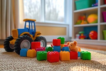 Fototapeta premium Colorful plastic building blocks scattered on a rug near a small brown teddy bear and a yellow and blue toy tractor in a sunlit playroom