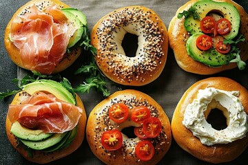 Assortment of five bagels topped with avocado slices, cherry tomatoes, cream cheese, prosciutto, and leafy greens on a neutral background